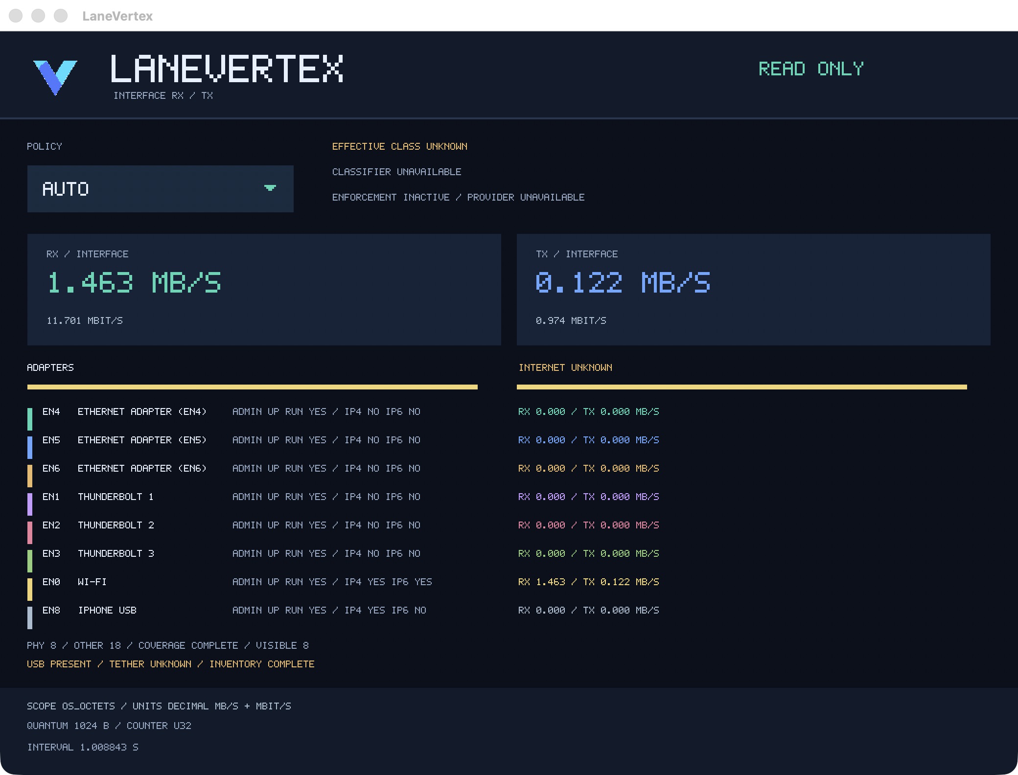 Read-only LaneVertex macOS development monitor with OS interface counters, closed AUTO selector, USB observed and provider unavailable.